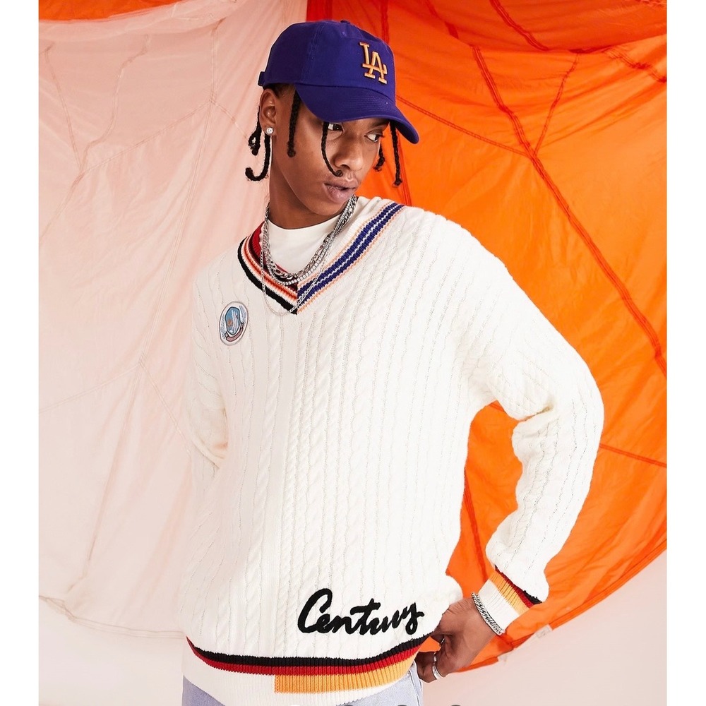 ASOS DESIGN Mens Cable Knit V Neck Sweater White Striped Large Cricket Yachting